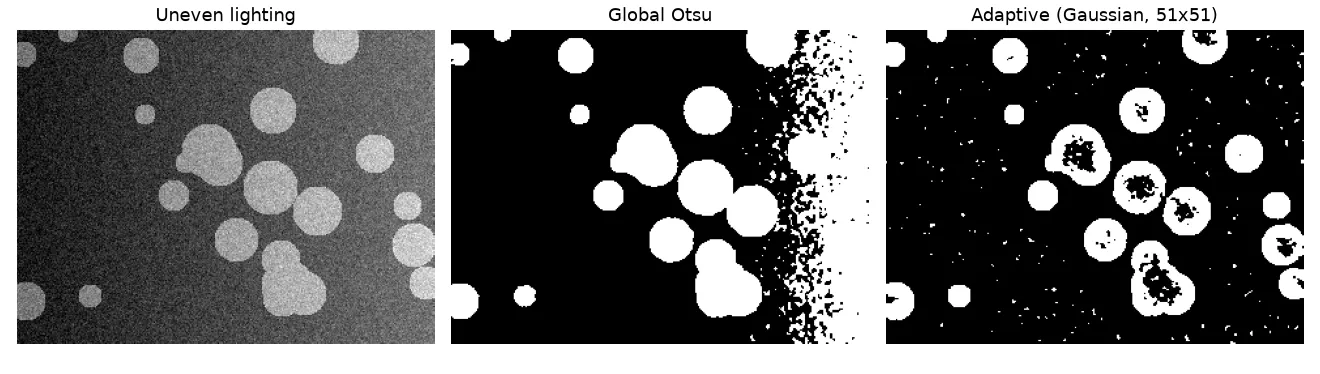 Uneven lighting: the input, the global Otsu mask that fails on the bright side, and the adaptive mask that follows the lighting but leaves holes in the largest discs