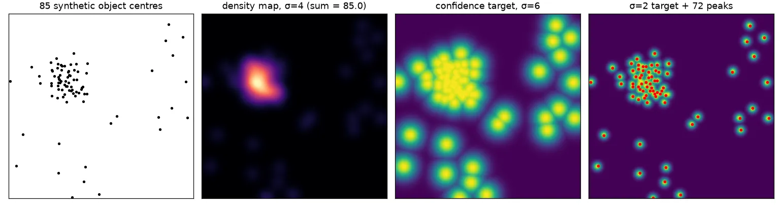 Synthetic object centres, their density map whose sum equals the count, a wide confidence target, and a narrow confidence target with detected peaks marked in red