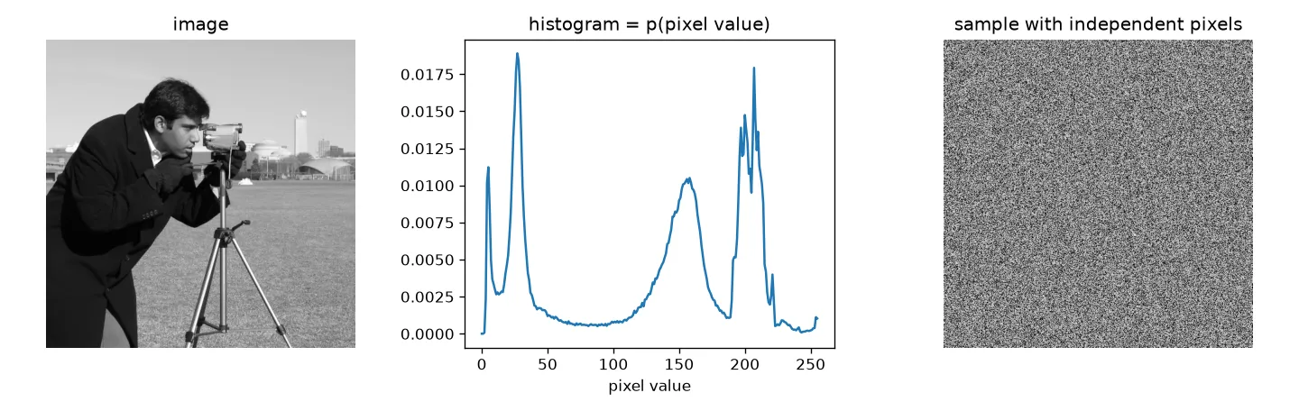 An image, its grey-level histogram, and a new image sampled with every pixel independent