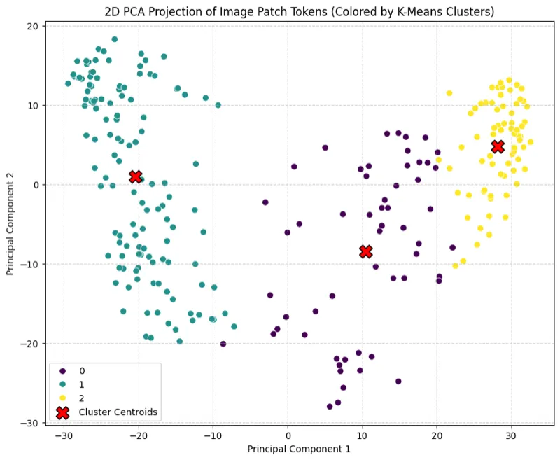 PCA projection of the 256 DINOv2 patch tokens of the two-cats image, colored by three k-means clusters that form clearly separated groups