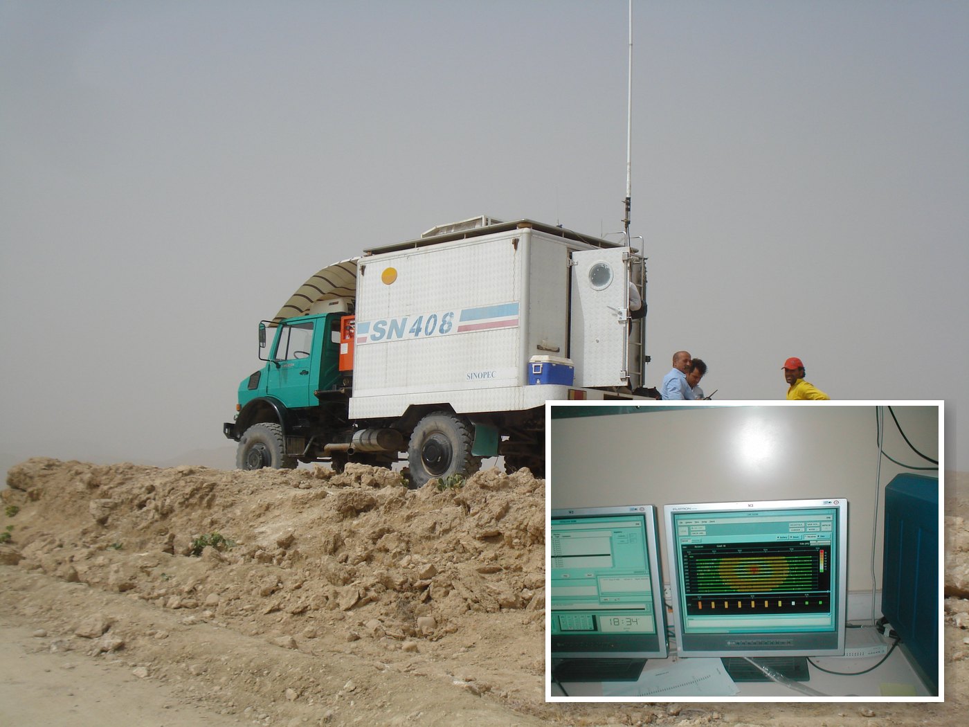 The recording truck in the field, with its QC monitors inside (inset)
