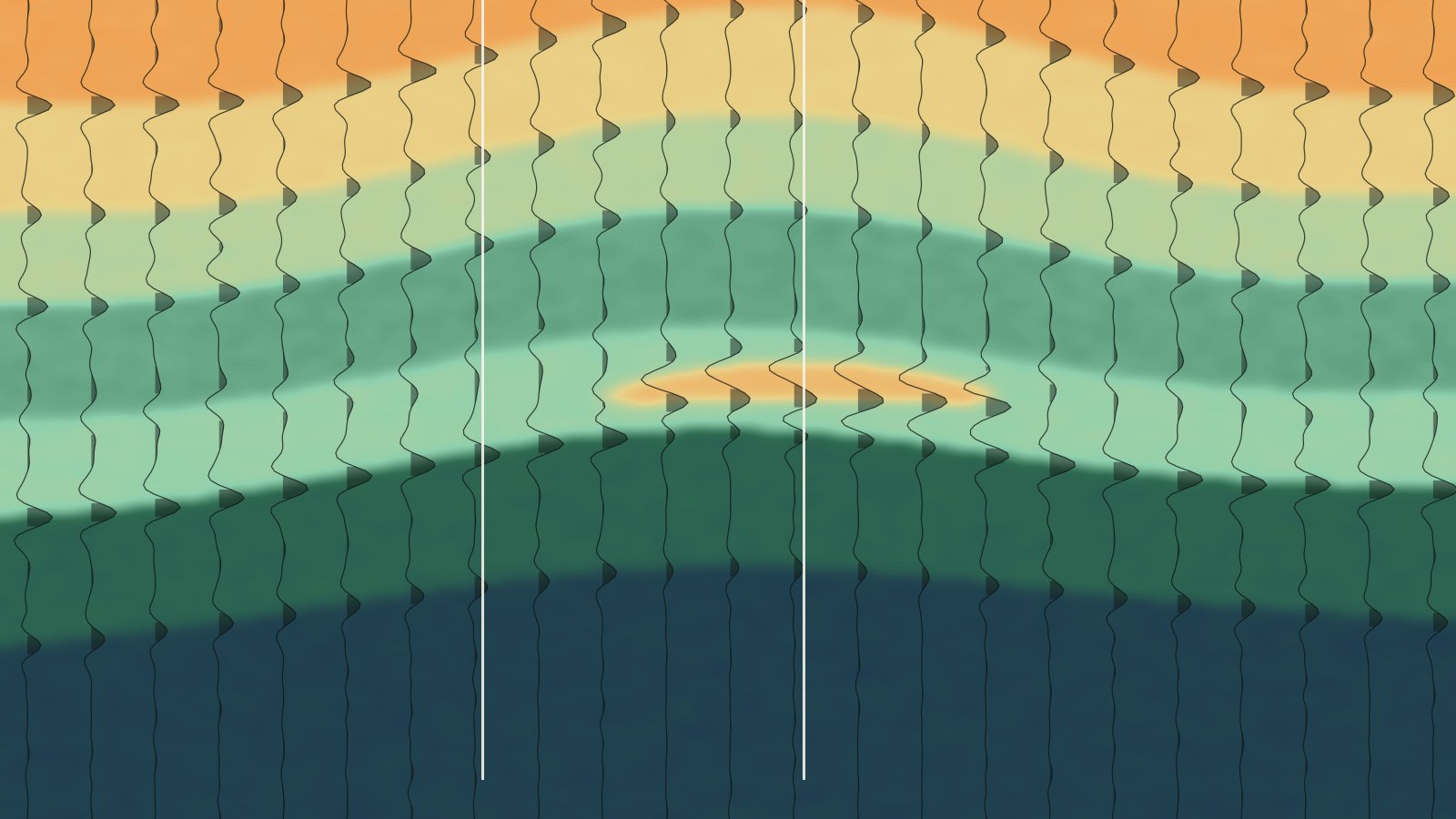 Illustration of an acoustic-impedance section with seismic traces, two wells and a low-impedance reservoir lens on an anticline